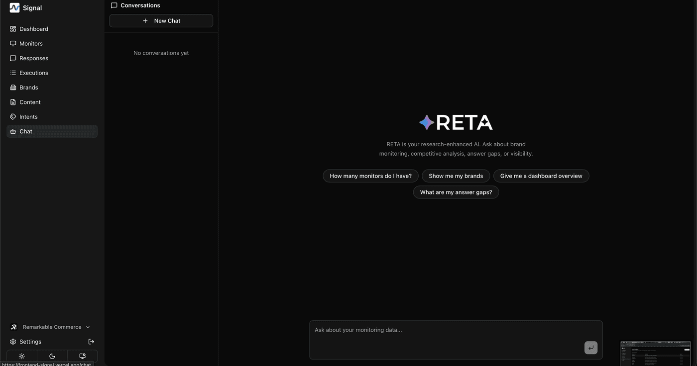 RETA chat page with no conversations yet, showing the RETA logo and four suggested starting prompts